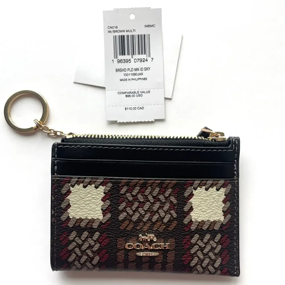 Coach NEW Skinny ID Card Case ~ Brushed Plaid Brown & Gold PVC Mini Wallet CN018